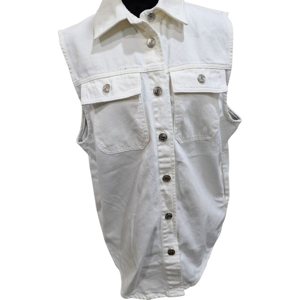 ASOS Design White Denim Sleeveless Trucker Vest Jacket Button Down US 4 UK 8